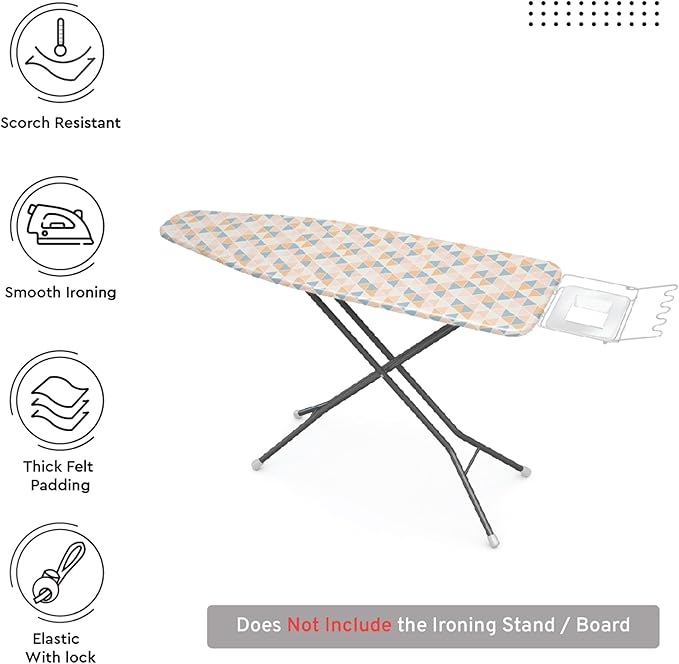 Encasa XO Ironing Board Cover and Pad - Thick 4mm Felt, Heat & Scorch-Resistant, Fits Wide Boards 49"x18", Elastic Bungee Cord Tightening, Easy Fit, Stain-Safe Dye, Triangles