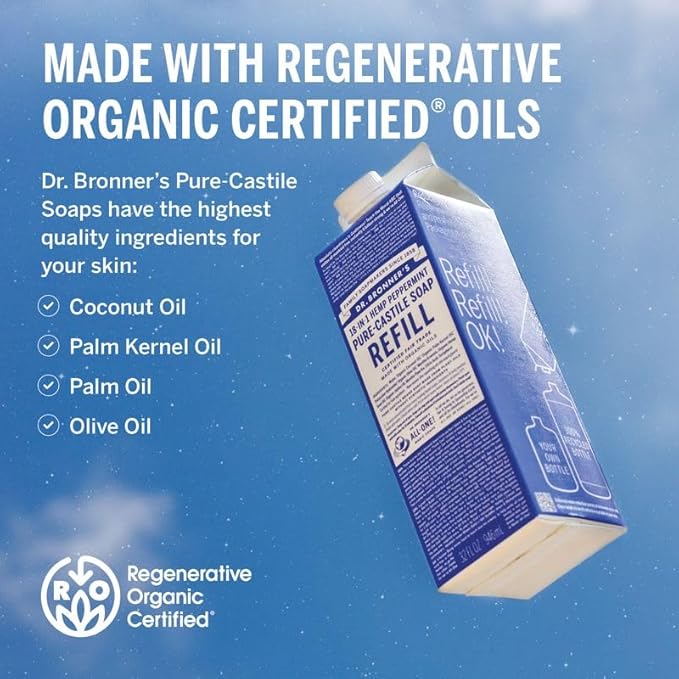 Dr. Bronner's Pure-Castile Liquid Magic Soap Refill - Made with Regenerative Organic Certified Oils, 86% Less Plastic - 18-in-1 Uses for Face, Body Wash, Hand Soap Refill & More - Peppermint, 32oz