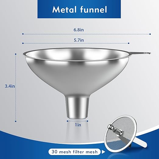 Stainless Steel Funnel with 30 Mesh Filter Food Grade Metal Funnel for Kitchen, Liquids, Oil, Powder, Wide Mouth Bottles, Home Brewing