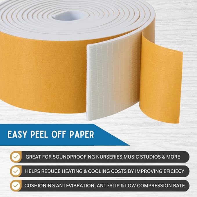 High Density Foam Weather Stripping Door Seal Strip Insulation Tape Roll for Insulating Door Frame, Window, Air Conditioner | Self Adhesive Sealing Weatherstrip (2 in x 1/4 in x 10 Ft, White)