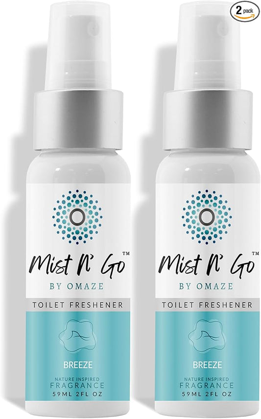 Mist N’ Go by Omaze Travel Bathroom Spray for Toilet Spray Odor Eliminator - Travel Toilet Spray for Bathroom Air Freshener Spray for Bathroom Deodorizer - Breeze Regular Size (2oz x2)