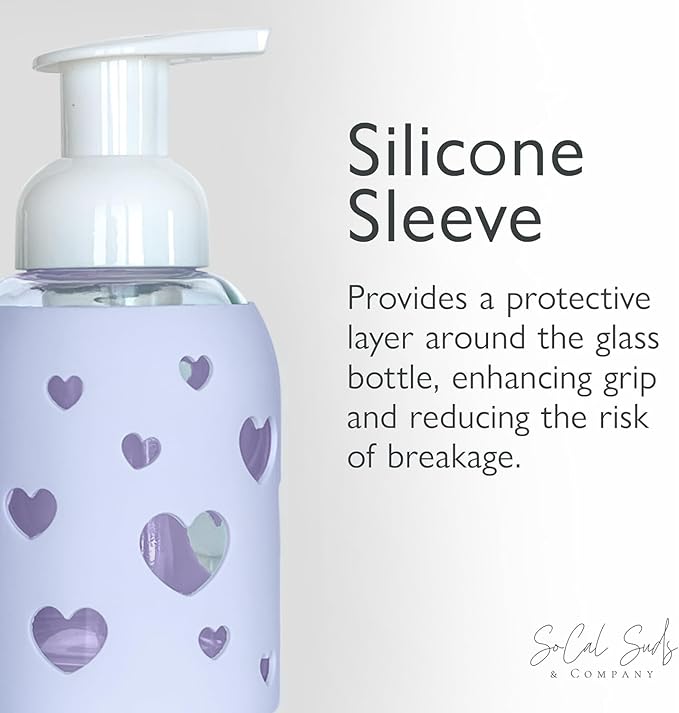 SoCal Suds & Company Glass Foaming Hand Soap Dispenser, Heart Silicone Sleeve, Refillable Pump Bottle for Kids, Baby Wash & Shampoo, Ideal for Home Use, Soft Purple 8oz
