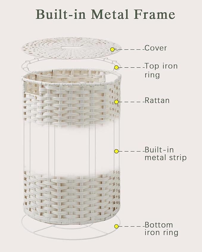 Laundry Hamper with Lid Laundry Basket with Lid 19.0 Gal (72 L) Round Wicker Laundry Basket Handwoven Rattan Basket with Lid Removable Bag 2 Mesh Bags Handles for Living Room Bathroom White