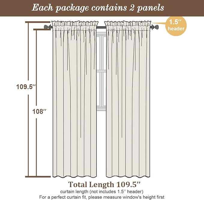 Chyhomenyc Extra Long Ivory Sheer Curtains 108 Inches Long 2 Panels, Light Filtering Ivory Curtains for Living Room, Soft Gentle Voile Rod Pocket Bedroom Window Drapes, 59Wx108L Inch, 9FT, 2PCS
