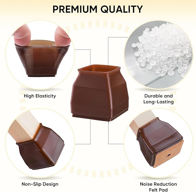 BALEINE 16 Pack Silicone Chair Leg Floor Protectors, Stool Leg Protectors Cap, Non-Slip Chair Leg Caps for Hardwood Floors (Brown & Large (Square), 16 Pack)
