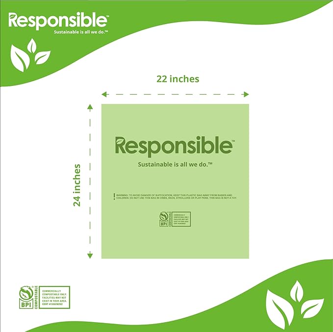 Responsible Products Kitchen Bin Liners, Certified Compostable, Heavy Duty Multipurpose Food Scrap Bags, Made from Compostable Materials (8 Gallon, 8 Gallon (20 Count))