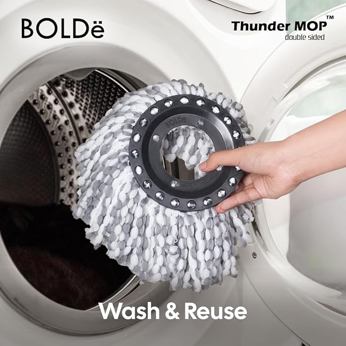 Thunder Mop Spin System - 2 Compact Stackable 6L Buckets, Microfiber Head, Stainless Steel Wringer, Antifungal Quick-Dry Cleaning, Soap Dispenser, 3 Free Refills (Yellow/Blue)