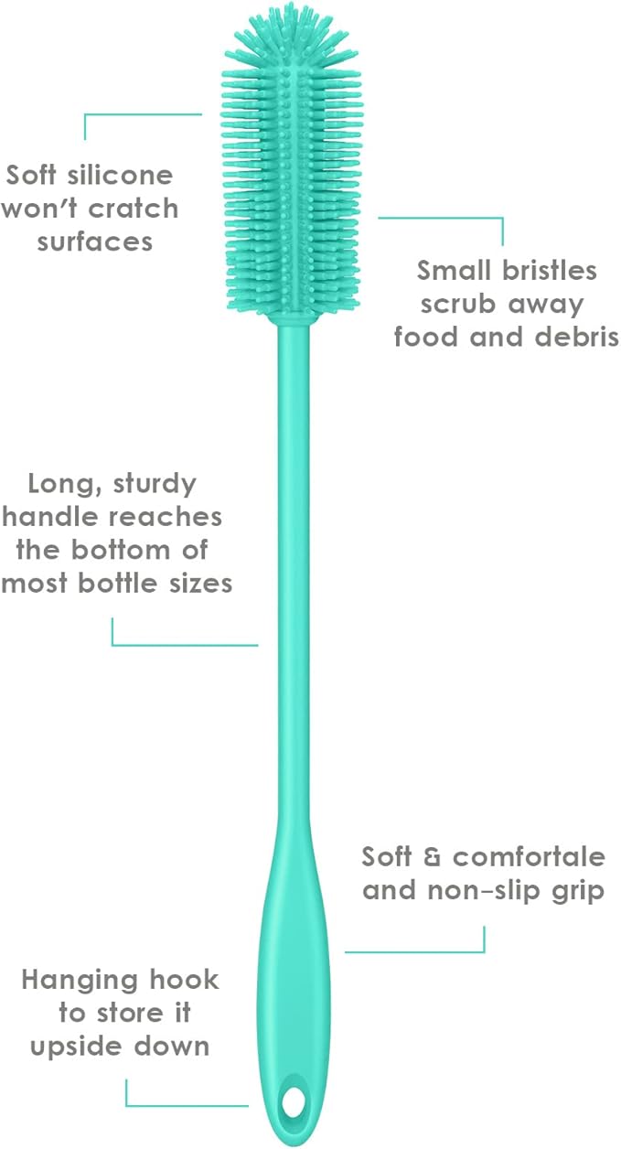 Silicone Bottle Brush, Water Bottle Cleaner Brush with Long Handle, Perfect for Cleaning Narrow Neck Containers, Vacuum Sports Bottle, Tumblers, Flask, Glassware (1 Pack, Teal)