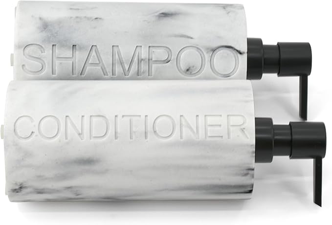 Marble Resin 2 Piece Shampoo and Conditioner Dispenser Set, Luxurious Refillable Pump Bottles with Matte Pump Top and Embossed Text, Durable Design for Bathroom and Shower