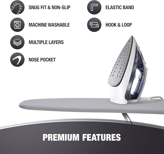 Extra Thick Ironing Board Covers with Pad Standard Size 15x54, Heat Reflective Full Scorch Resistant Padding, Snug Fit Non-Slip Nose Pocket Fastener Straps Elastic Edges, Gray