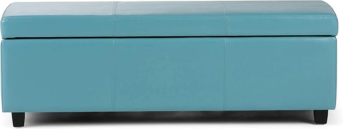 SIMPLIHOME Avalon 48 inch Wide Contemporary Rectangle Storage Ottoman Bench in Soft Blue Vegan Faux Leather, Assembled, For the Living Room, Entryway and Family Room