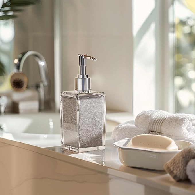 Silver Soap Dispenser with Refillable Plastic Pump for Bathroom Sink or Kitchen Counter, Ideal for Hand Soap, Liquid Soap, Dish Soap, or Lotion Use