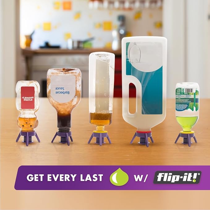 Flip-It! 1-Pack Bottle Emptying Kit – No More Wasted Product - Fits Most Plastic Bottles – Get Out Every Drop of Shampoos, Lotions, & More – 1 Base Cap, 3 Adapters – Bright Color Edition