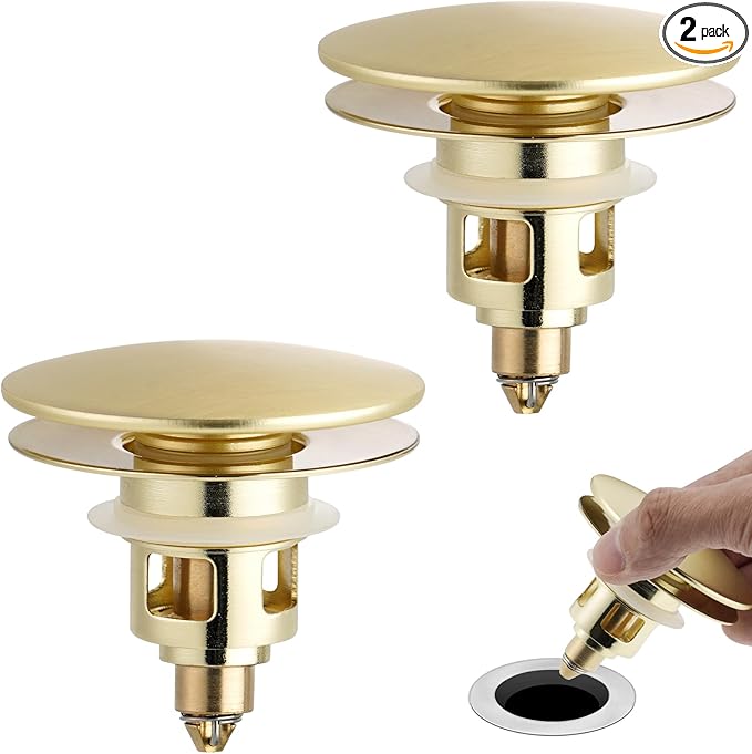 Universal 2PCS Bathroom Sink Stopper 2 in 1 Pop Up Metal Sink Drain Strainer with Hair Catcher, Fit for 1.1~2.36" Sink Basin Hole, Big Cover Cap, Anti-clog, Brushed Gold