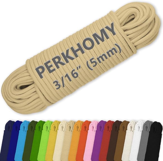 PerkHomy Cotton Rope 3/16" (5mm) 100 ft Multi Purpose Utility Diamond Braided Cord, Natural Cotton for Clothes Line Camping Crafting Flag Pole, Khaki