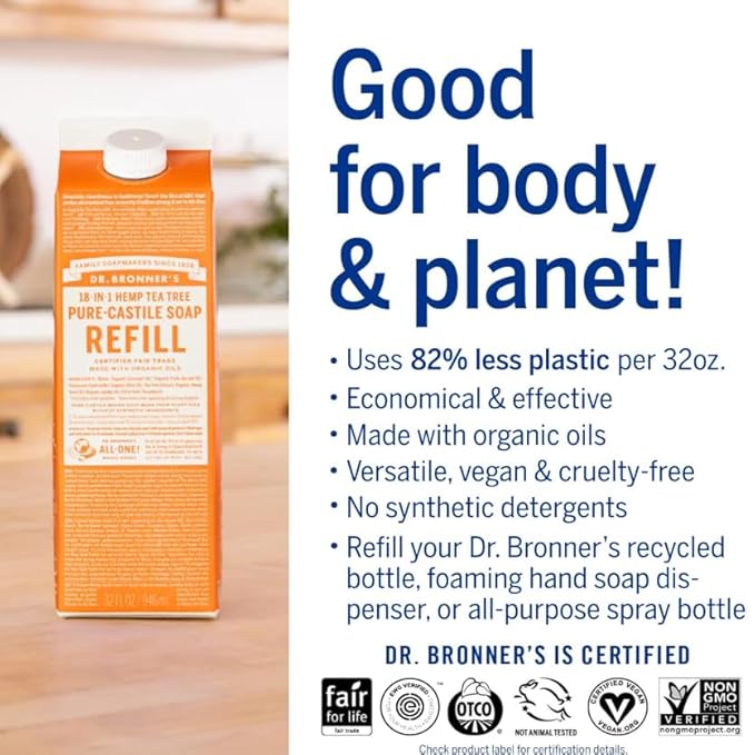 Dr. Bronner's Magic Soap-Pure-Castile Liquid Soap Refill (Tea Tree, 32 ounce, 2-Pack)-Regenerative Organic Certified Oils, For Body, Hair, Laundry & Dishes, Concentrated, Vegan, Non-GMO