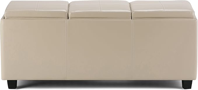 SIMPLIHOME Avalon 42 inch Wide Contemporary Rectangle Storage Ottoman in Satin Cream Vegan Faux Leather, Assembled, for the Living Room, Entryway and Family Room