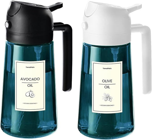 TrendPlain 16oz/470ml Blue Glass Olive Oil Sprayer for Cooking - 2 in 1 Olive Oil Dispenser for Kitchen Gadgets, Air Fryer, Salad, and BBQ - Black & White