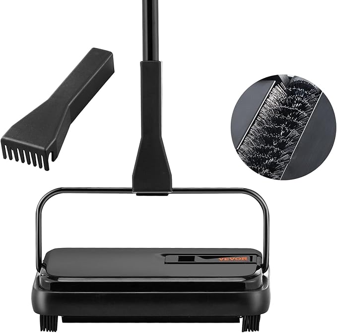 VEVOR Carpet Sweeper Manual, Floor Sweeper with 300 ml Dustbin Capacity Easy to Empty, for Home Office Carpets Pet Hair Dust, Black