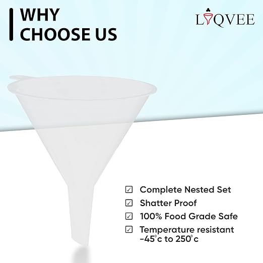 Funnel Set (4 Sizes: 122, 101, 76, 50mm) - Durable, Non-Toxic, Food-Grade Plastic funnels for Filling Bottles and containers. Ideal for Kitchen, Garage, or Labs. Perfect for Precise Pouring.