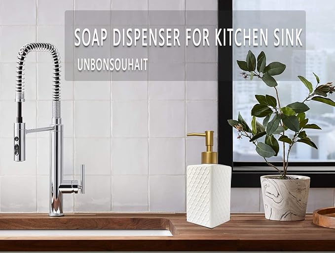 Gold Soap Dispenser for Bathroom,Retro White Square Lotion Dispenser, Refillable Countertop Ceramic Hand Soap Dispenser,Dish Soap Dispenser for Kitchen 350ml(Relief White Square Bottle)