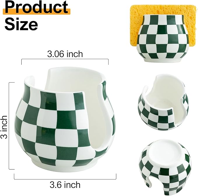 Kitchen Sponge Holder, Ceramic Sponge Organizer Checkered Scrubby Holder Sink Caddy Scrub Dish Rack for Kitchen, Bathroom, Sink Decor, Green and White