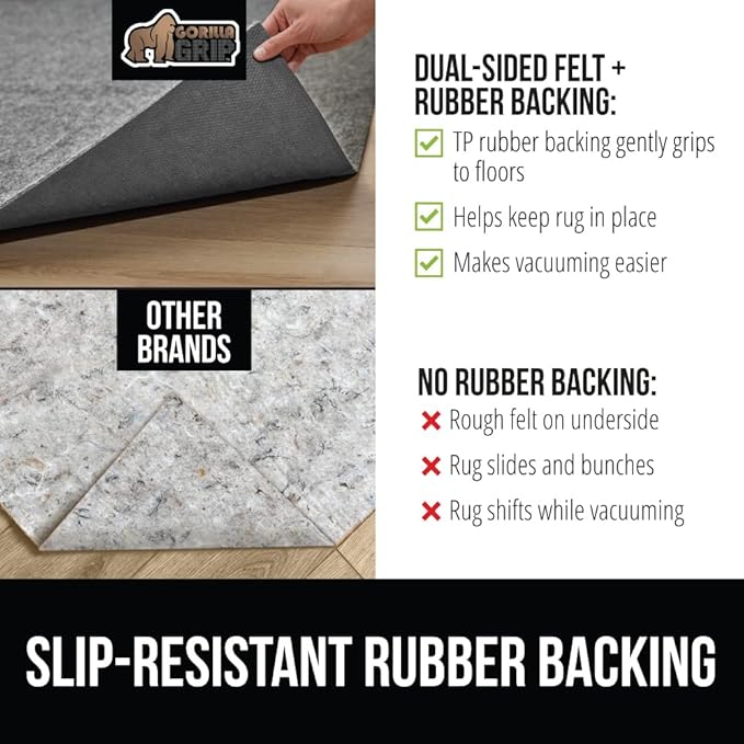 GORILLA GRIP Felt and Natural Rubber Stay in Place Slip Resistant Rug Pad, 1/8in Thick, 8x11 FT Protective Padding Under Area Rugs, Cushioned Gripper Pads, Carpet Runners, Hardwood Floors Protection