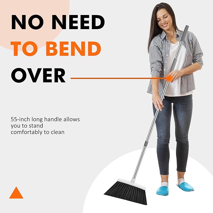 Heavy Duty Broom, 55 Inch Long Handle Outdoor Large Angle Brooms, Commercial Broom for Sweeping Indoor, for Home Garage Kitchen Office Courtyard Lobby Patio Lawn Concrete(Grey&White)