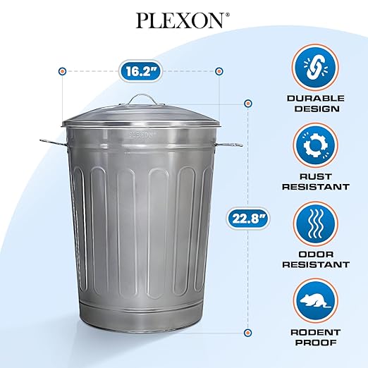Plexon Round Trash Can 13 Gallon, Vintage Metal Outdoor Trash Can with Lid, Retro Farmhouse Garbage Container, Old School Modern Ash Bucket, Galvanized Steel 3 Pack