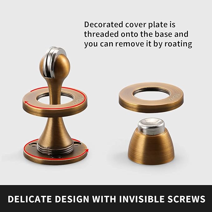 Door Stopper 4 Pack Magnetic Door Stops, Zinc Alloy Antique Brass Door Catch Door Holder Wall Floor Mounted, Metal Soft-Catch