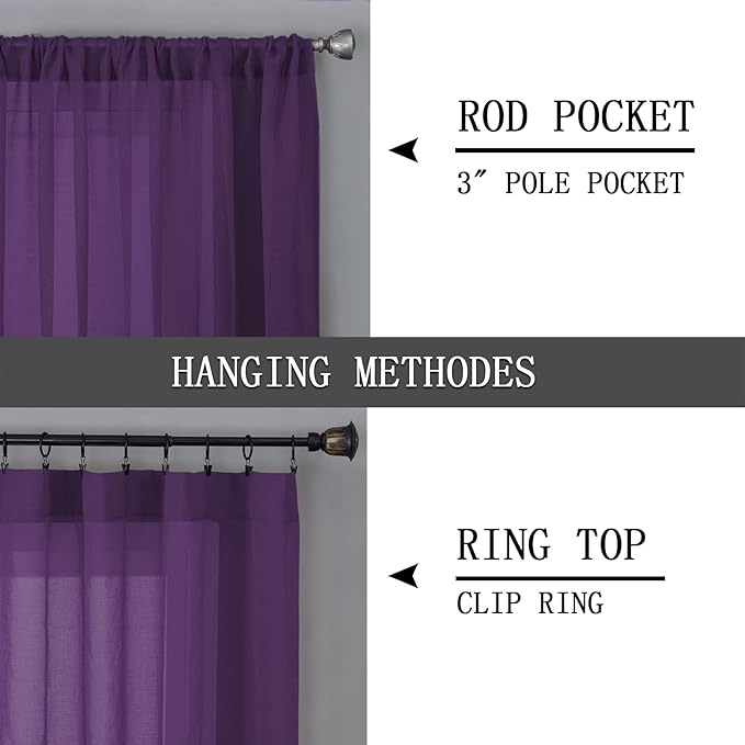 Tollpiz Short Sheer Curtain Linen Textured Living Room Curtains Sheer Light Filtering Rod Pocket Voile Curtain for Bedroom, 42 x 54 inches Long, Royal Purple, Set of 2 Panels