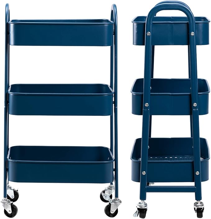 AGTEK Makeup Cart, Movable Rolling Organizer Cart, 3 Tier Metal Utility Cart,Navy Blue