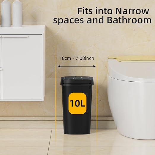 3 Pack Bathroom Small Trash Can with Lid, 2.6 Gallon Slim Garbage Bin with Pop-Up Lid, 10L Plastic Wastebasket for Bedroom, Office, Kitchen, Toilet (Matte Black)