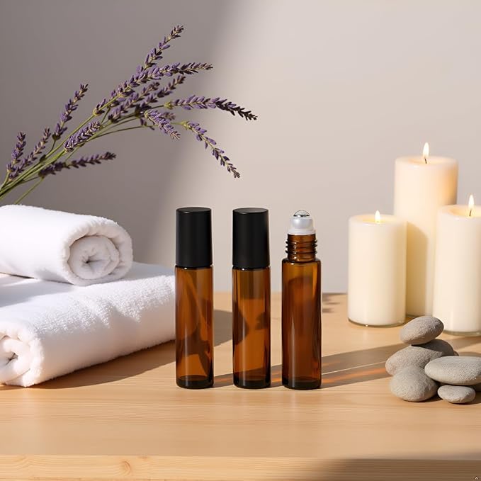 4 Pack 10ml Oil Essential Stainless Roller Bottles, Refillable Amber Glass Roller Bottles for Travel, Perfume and Lip Gloss with Steel Roller Balls and Caps