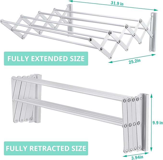 X-cosrack Wall Mounted Clothes Drying Rack, 31.9" Wide Large Rustproof Retractable Laundry Drying Rack, 8 Bar Space-Saving Aluminium Alloys Clothing Hanger Drying Racks forLaundry (Silver)