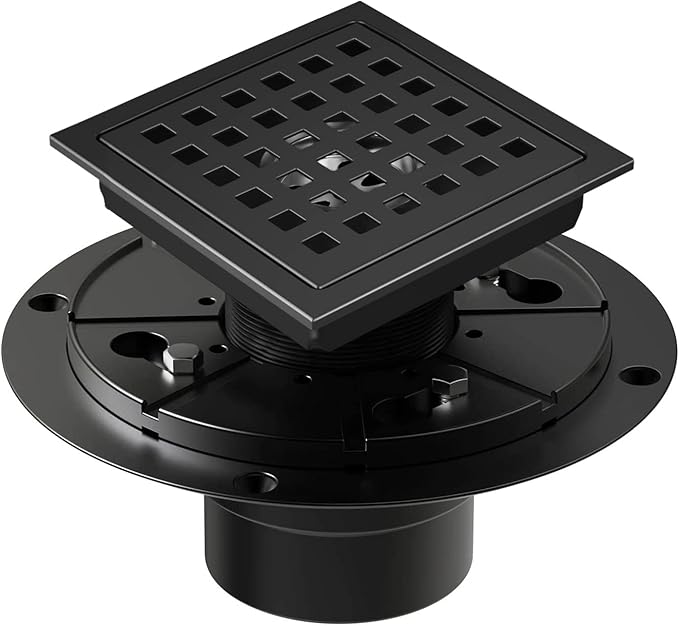 4-3/8 Inch Shower Drain Matte Black, Square Bathroom Floor Drain, Stainless Steel Drain Kit with Flange, Removable Grid Cover, Hair Strainer