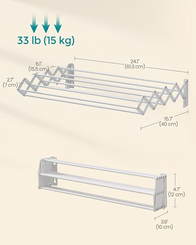SONGMICS Clothes Drying Rack, Wall-Mounted Drying Rack Clothing, Accordion Laundry Rack, 9 Staggered Hanging Rods, Expandable and Retractable, Steel, Cloud White ULLR806W01