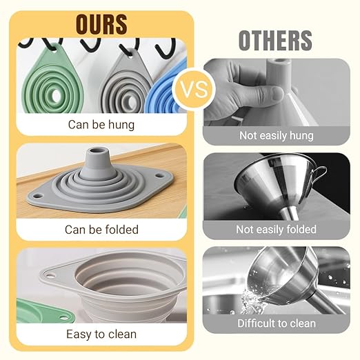Kitchen Funnel Set, Wide-Mouth Foldable and Telescopic Design, Liquid Separation Funnel, Silicone (3 pcs)