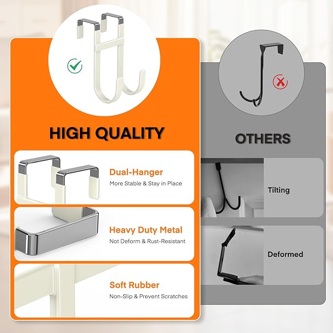 FYY Over The Door Hooks - 2 Pack Heavy Duty Dual-Hook Organizer Hanger with Non-Slip Rubber for Towels, Clothes, Hats & Bags Use in Bathroom, Bedroom, Kitchen - Fits Interior Doors Up to 1 3/8" Beige