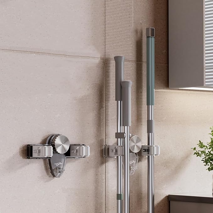 Mop and Broom Holder Wall Mount, No Punching Required Broom and Mop Organizer Wall Hanging with Hooks for Bathroom, Laundry Room, Garage, Kitchen,Garden Tool Organizer Storage (2pcs Transparent)