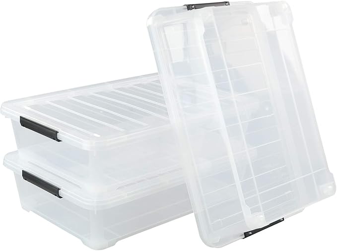 3-Pack Plastic Under Bed Storage Box Container, 40 Quart Clear Stackable Storage Box Wheeled Latching Box