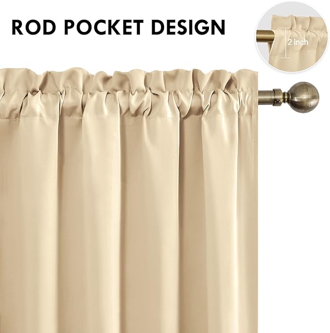 DWCN Beige Curtains for Bedroom Thermal Insulated Room Darkening Drapes for Living Room Rod Pocket Light Blocking Solid Window Treatment, W 42 x L 63 Inch, 2 Panels, Beige