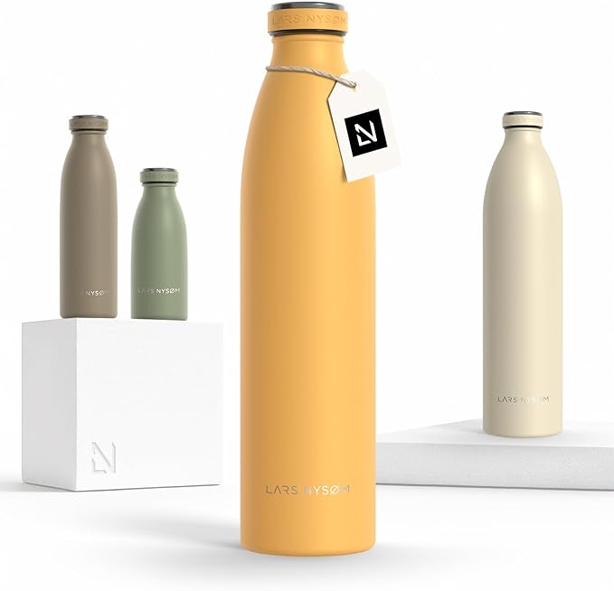 LARS NYSØM Stainless Steel Insulated Water Bottle 12oz 17oz 25oz 34oz 51oz | Insulated Thermo Flask for Hot and Cold Beverages | Leakproof Drinking Bottle (Mustard Yellow, 33.9 oz)