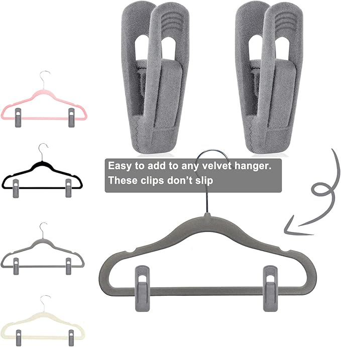 Grey Velvet Hangers Clips (50-Pack), Non-Slip Velvet Skirt Hanger Clips for Velvet Hangers, Strong Finger Clips Perfect for Kids Velvet Hangers Skirt Pant Clothes Gray Velvet Hangers