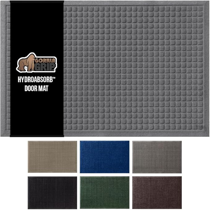 GORILLA GRIP Front Door Mat, 35x23, Indoor Outdoor Ultra Absorbent HydroAbsorb Doormat, Absorbs Up to 5.7 Cups of Water, Stain and Fade Resistant, Rubber Backing Doormats, Captures Dirt, Gray