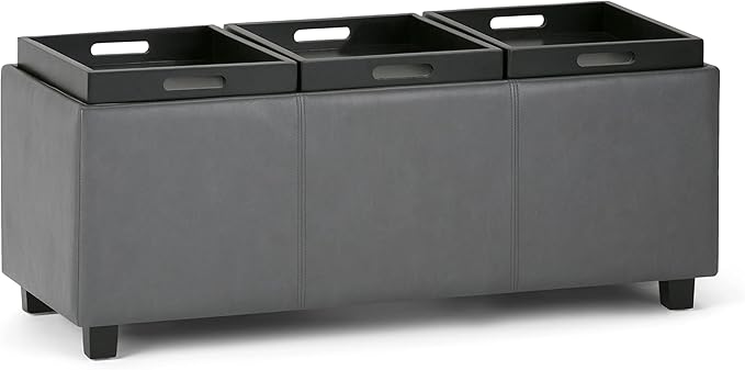 SIMPLIHOME Avalon 42 inch Wide Contemporary Rectangle Storage Ottoman in Stone Grey Vegan Faux Leather, Assembled, For the Living Room, Entryway and Family Room