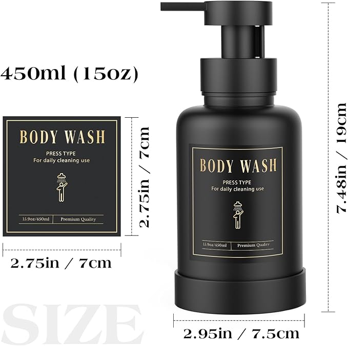 Luxspire Foaming Soap Dispenser, Glass Foam Pump Soap Dispenser, Non-Slip Hand Soap Dispenser with 5 Waterproof Labels, 15 Oz Refillable Liquid Soap Dispenser for Bathroom & Kitchen, Black, 1 Pack
