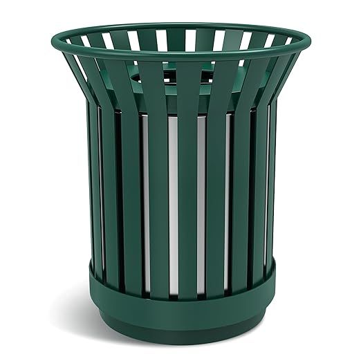 16 Gallon Round Large Outdoor Trash Can, Heavy Duty Metal Slatted Garbage Can Outdoor, All Weather Resistant Commercial Garbage Cans, Waste Receptacle in Park, School, Beach, Patio (Green, Large)