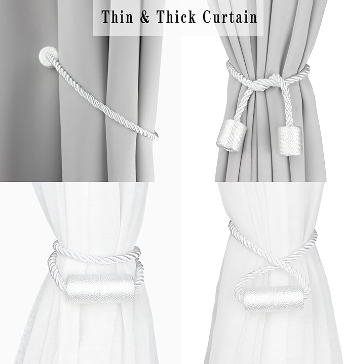 4 Pack White Strong Magnetic Curtain Tiebacks Outdoor Elegant Decorative Tie Backs Modern Rope Tiebacks for Drapes Window Curtain Holdbacks for Draperies