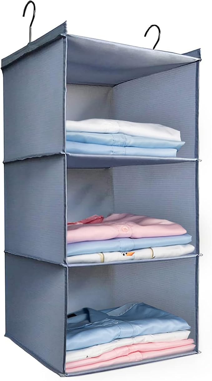 Hanging Closet Organizer and Storage 3-Shelf, Easy Mount Foldable Hanging Closet Wardrobe Storage Shelves, Clothes Handbag Shoes Accessories Storage, Washable Oxford Cloth Fabric, Gray